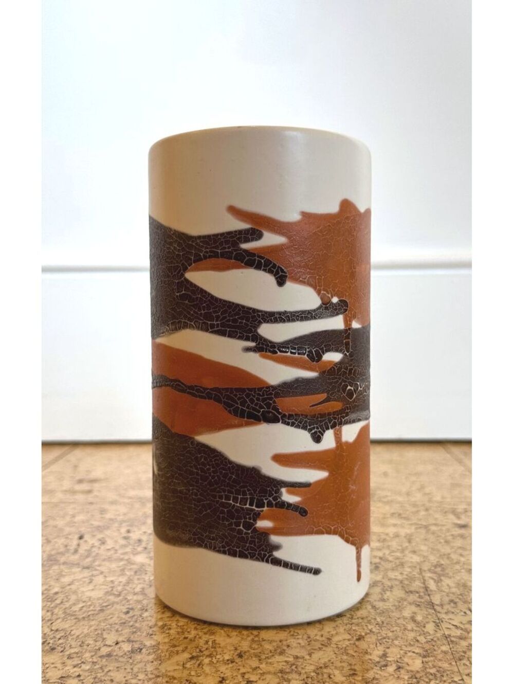 Royal Haeger MCM Cylinder Vase Earth Wrap Lava Crackle Glaze 7" Brown Orange